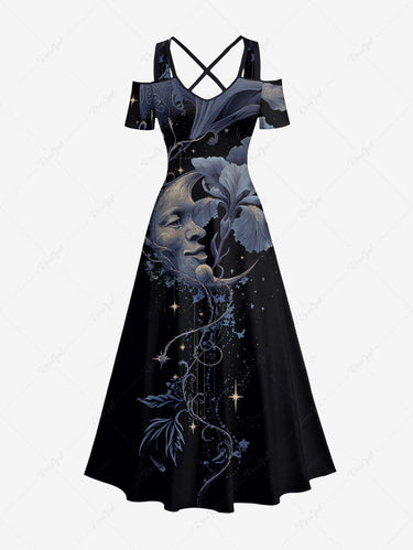 Gothic Plus Size Moon Face Flower Print Cold Shoulder Crisscross A Line Maxi Dress