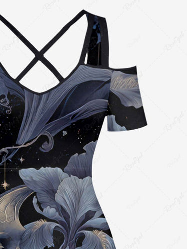Gothic Plus Size Moon Face Flower Print Cold Shoulder Crisscross A Line Maxi Dress