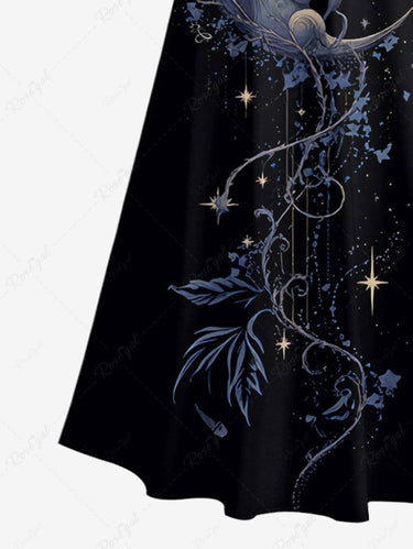 Gothic Plus Size Moon Face Flower Print Cold Shoulder Crisscross A Line Maxi Dress