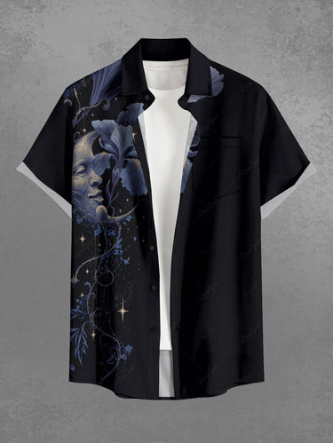 Gothic Plus Size Moon Face Flower Print Button Pocket Shirt For Men