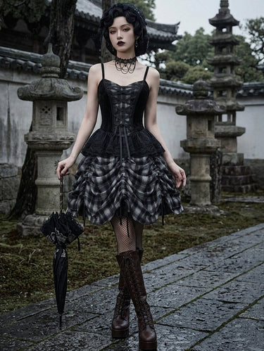 Gothic Plaid Print Lace Up Ruffles Cinched Cami Dress
