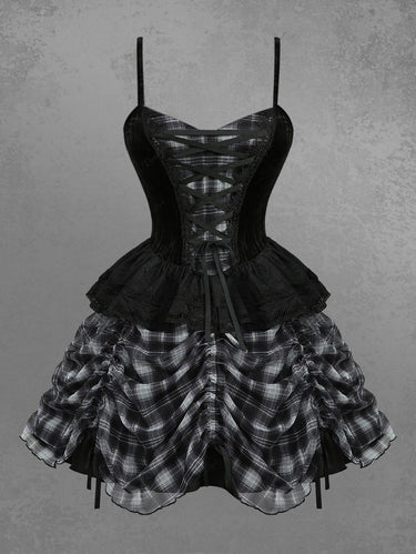 Gothic Plaid Print Lace Up Ruffles Cinched Cami Dress