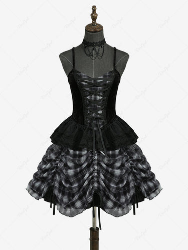 Gothic Plaid Print Lace Up Ruffles Cinched Cami Dress