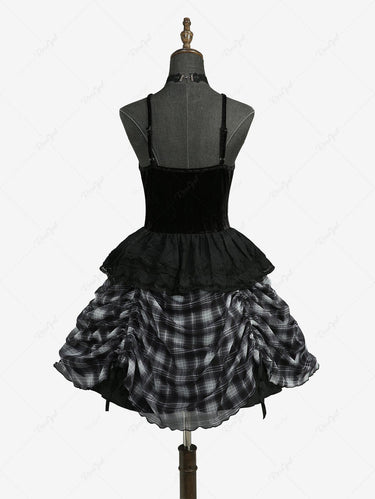 Gothic Plaid Print Lace Up Ruffles Cinched Cami Dress
