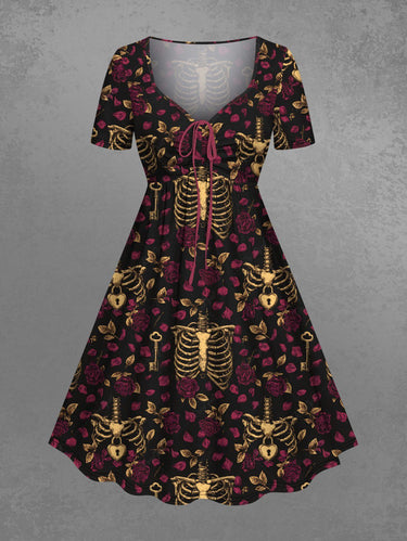 Gothic Plus Size Skeleton Flower Print Cinched A Line Dress