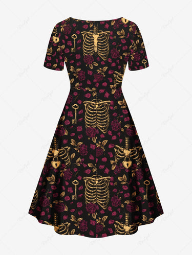 Gothic Plus Size Skeleton Flower Print Cinched A Line Dress