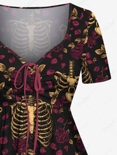 Gothic Plus Size Skeleton Flower Print Cinched A Line Dress