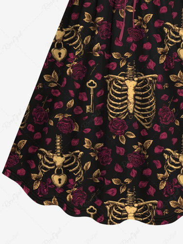 Gothic Plus Size Skeleton Flower Print Cinched A Line Dress