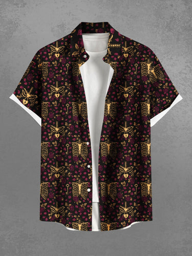 Gothic Plus Size Skeleton Flower Print Button Pocket Shirt For Men
