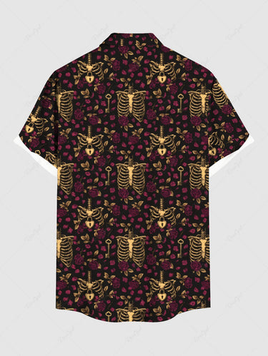 Gothic Plus Size Skeleton Flower Print Button Pocket Shirt For Men