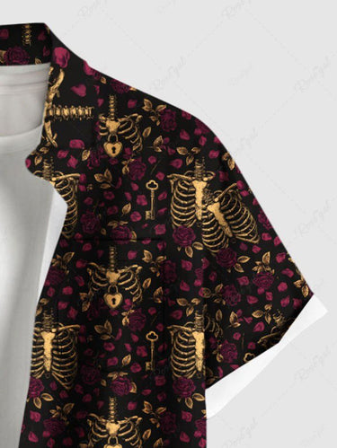 Gothic Plus Size Skeleton Flower Print Button Pocket Shirt For Men