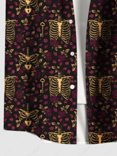 Gothic Plus Size Skeleton Flower Print Button Pocket Shirt For Men
