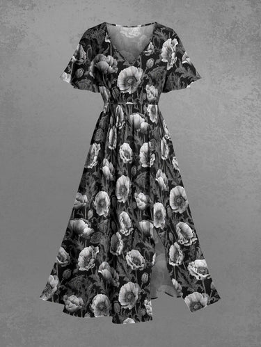 Gothic Plus Size Flower Print Split Pocket A Line Midi Dress