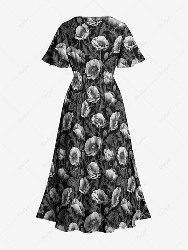 Gothic Plus Size Flower Print Split Pocket A Line Midi Dress