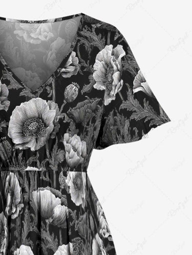 Gothic Plus Size Flower Print Split Pocket A Line Midi Dress