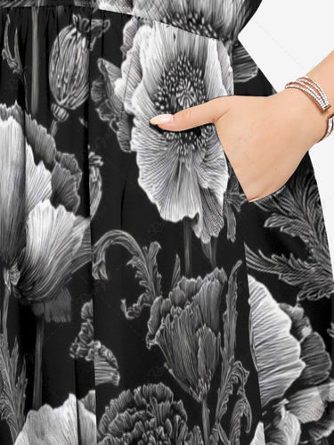 Gothic Plus Size Flower Print Split Pocket A Line Midi Dress