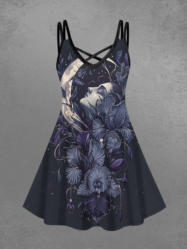 Gothic Plus Size Flower Moon Print Crisscross Strappy A Line Cami Dress