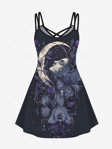 Gothic Plus Size Flower Moon Print Crisscross Strappy A Line Cami Dress