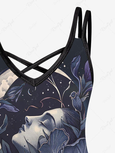 Gothic Plus Size Flower Moon Print Crisscross Strappy A Line Cami Dress
