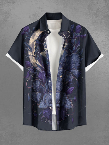 Gothic Plus Size Flower Moon Print Button Pocket Shirt For Men