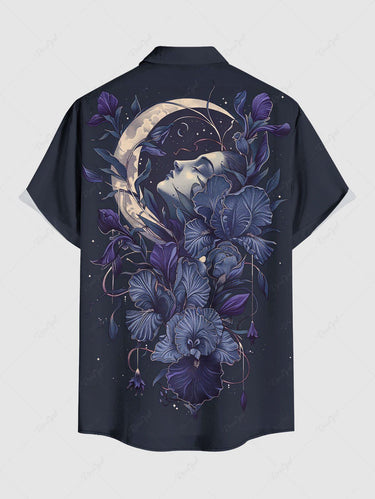 Gothic Plus Size Flower Moon Print Button Pocket Shirt For Men