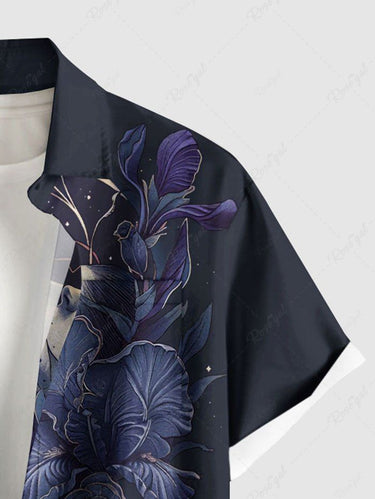 Gothic Plus Size Flower Moon Print Button Pocket Shirt For Men