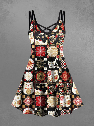 Gothic Plus Size Cat Flower Ukiyoe Print Crisscross Strappy A Line Cami Dress