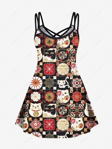 Gothic Plus Size Cat Flower Ukiyoe Print Crisscross Strappy A Line Cami Dress