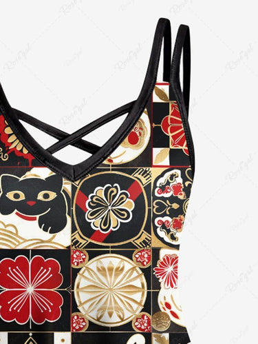 Gothic Plus Size Cat Flower Ukiyoe Print Crisscross Strappy A Line Cami Dress