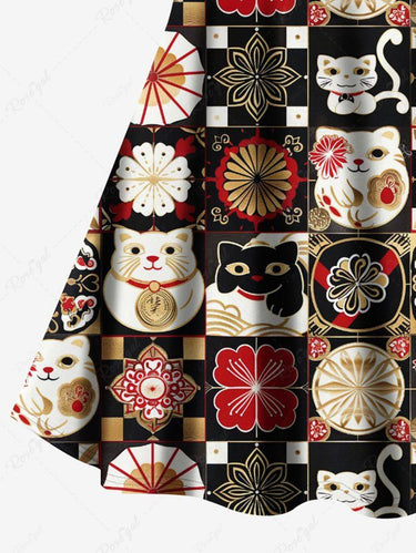 Gothic Plus Size Cat Flower Ukiyoe Print Crisscross Strappy A Line Cami Dress
