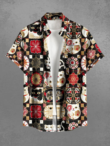 Gothic Plus Size Cat Flower Ukiyoe Print Button Pocket Shirt For Men