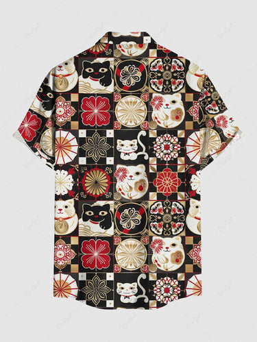 Gothic Plus Size Cat Flower Ukiyoe Print Button Pocket Shirt For Men