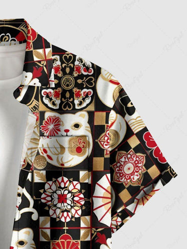 Gothic Plus Size Cat Flower Ukiyoe Print Button Pocket Shirt For Men