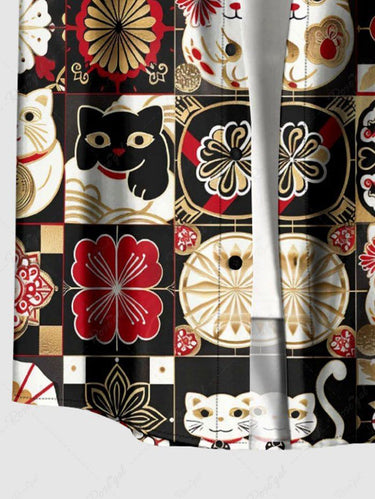 Gothic Plus Size Cat Flower Ukiyoe Print Button Pocket Shirt For Men