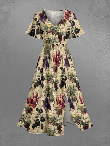 Gothic Plus Size Flower Leaf Print Split Pocket A Line Midi Dress