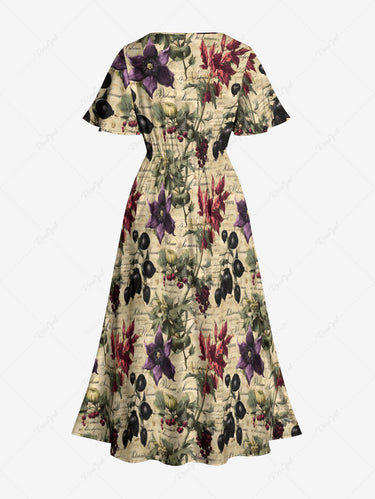 Gothic Plus Size Flower Leaf Print Split Pocket A Line Midi Dress