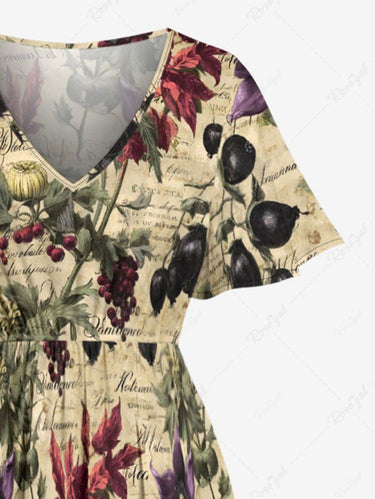 Gothic Plus Size Flower Leaf Print Split Pocket A Line Midi Dress