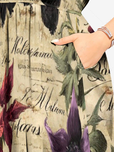 Gothic Plus Size Flower Leaf Print Split Pocket A Line Midi Dress