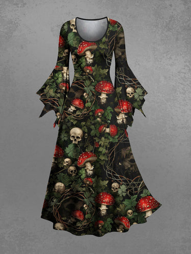 Gothic Skull Mushroom Leaf Print A Line Dress