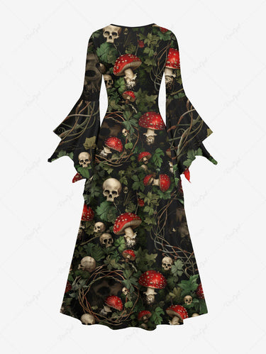 Gothic Skull Mushroom Leaf Print A Line Dress