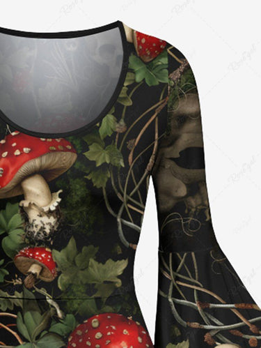 Gothic Skull Mushroom Leaf Print A Line Dress