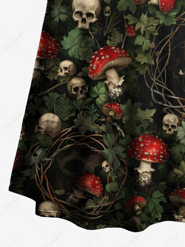 Gothic Skull Mushroom Leaf Print A Line Dress