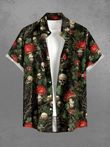 Gothic Plus Size Skull Mushroom Leaf Print Button Pocket Shirt For Men