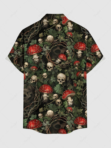 Gothic Plus Size Skull Mushroom Leaf Print Button Pocket Shirt For Men