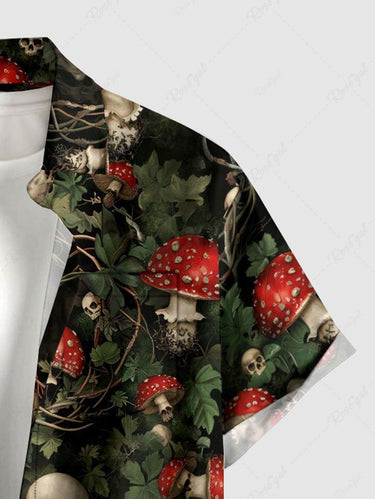 Gothic Plus Size Skull Mushroom Leaf Print Button Pocket Shirt For Men