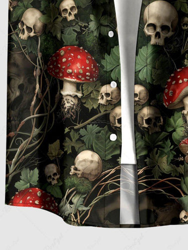 Gothic Plus Size Skull Mushroom Leaf Print Button Pocket Shirt For Men
