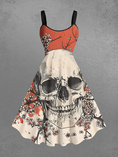 Gothic Plus Size Skull Flower Branch Print A Line Dress
