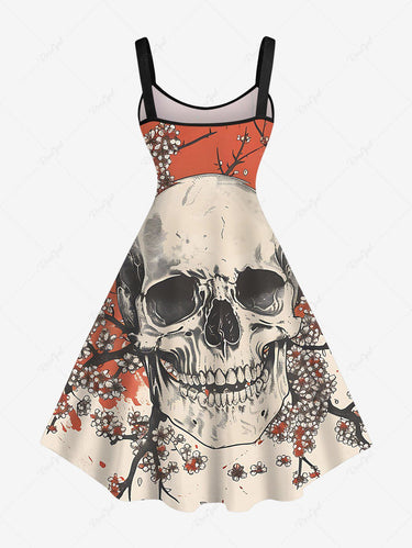 Gothic Plus Size Skull Flower Branch Print A Line Dress