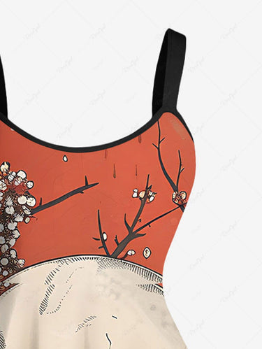 Gothic Plus Size Skull Flower Branch Print A Line Dress