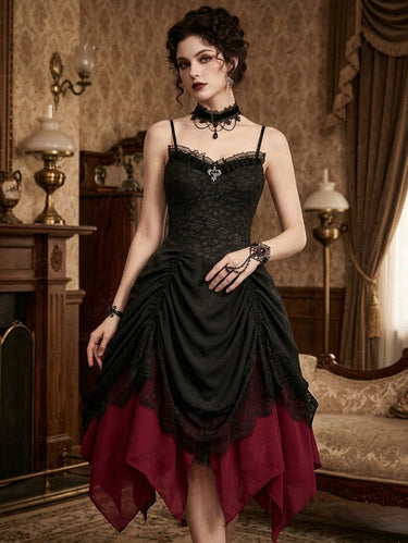Gothic Rose Flower Jacquard Cinched Eyelash Lace Trim Asymmetric Dress Rgothic Gothic Rose Flower Jacquard Cinched Eyelash Lace Trim Asymmetric Dress Rgothic